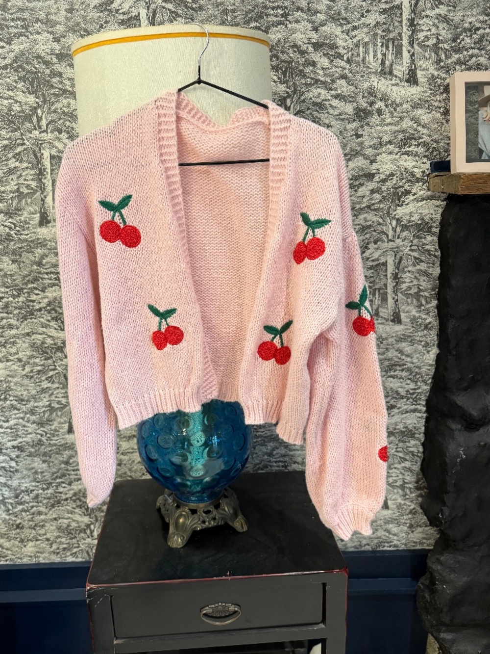 SHEIN Pink Cherry Embroidered Open Cardigan Sweater Sz M